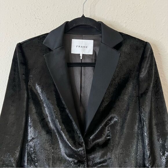 FRAME Black Metallic Velvet Satin Single Blazer Jacket Size 2 - Picture 6 of 12